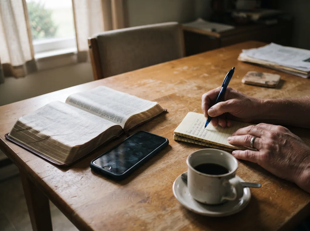 Otwarta Biblia obok telefonu, rano